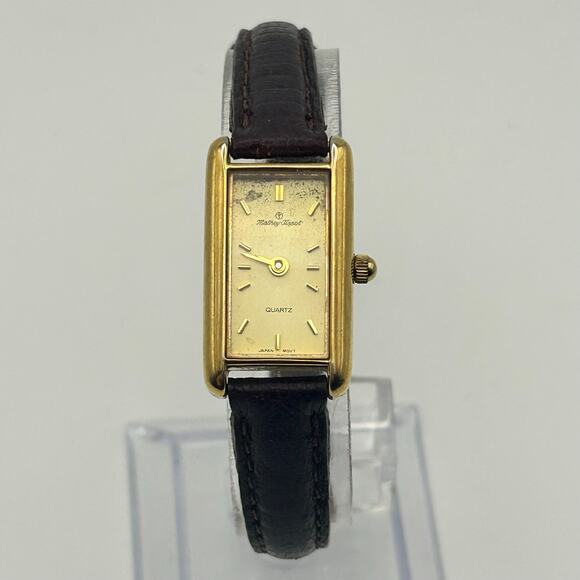 Vintage Mathey-Tissot Gold Plated Brown Leather Tank Watch Working New Battery main image 5